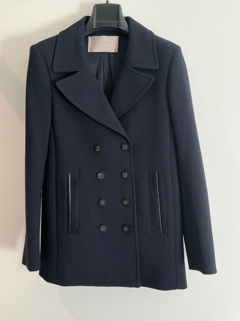 GEORGES RECH Navy Double-Breasted Peacoat with Leather Trim - Size FR 38 / US 6